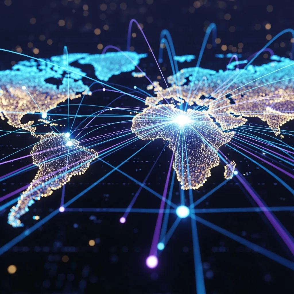 An abstract illustration representing global futures trading with interconnected market data streams and various financial symbols.