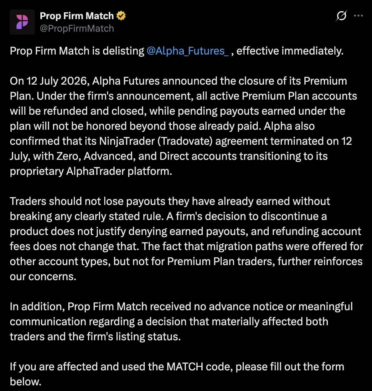 PropFirmMatch notice delisting Alpha Futures after the initial payout decision