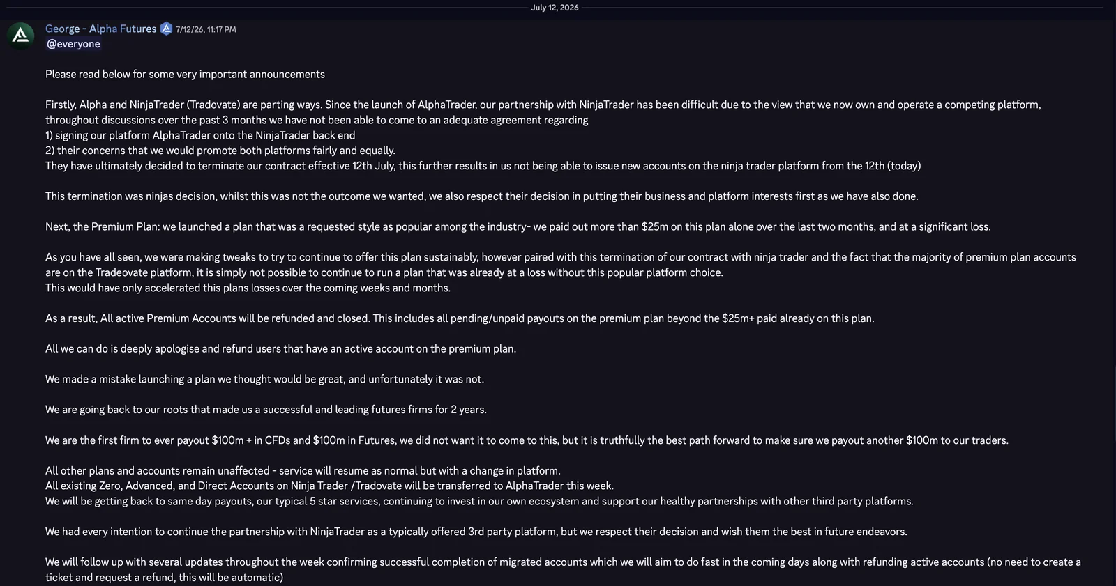 Alpha Futures 12 July Discord announcement confirming the NinjaTrader and Tradovate termination and Premium Plan closure