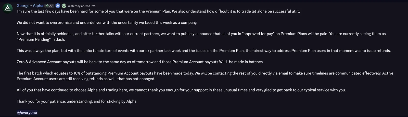 Alpha Futures 15 July Discord reversal confirming approved Premium payouts will be paid in batches