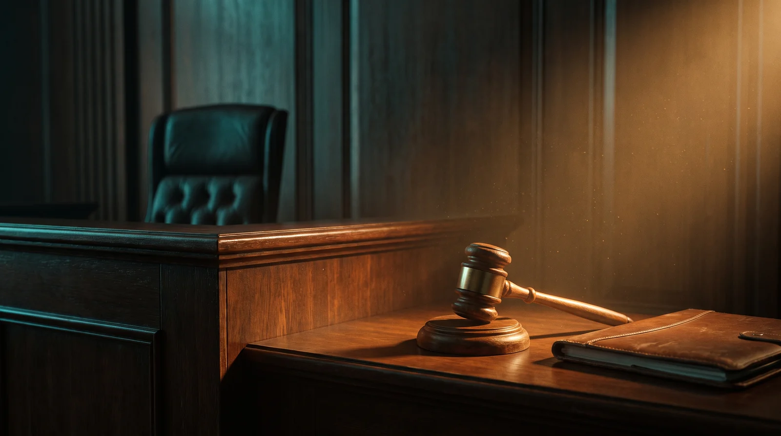 An empty federal courtroom bench with a gavel resting on its block, representing the denial of Alpha Futures’ preliminary injunction against NinjaTrader