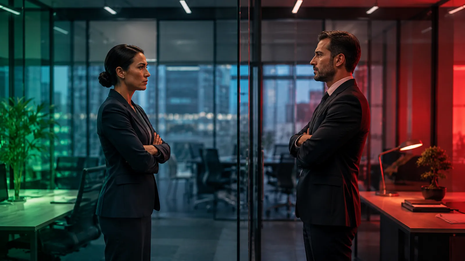 Two prop firm executives face off across a glass wall in a platform dispute