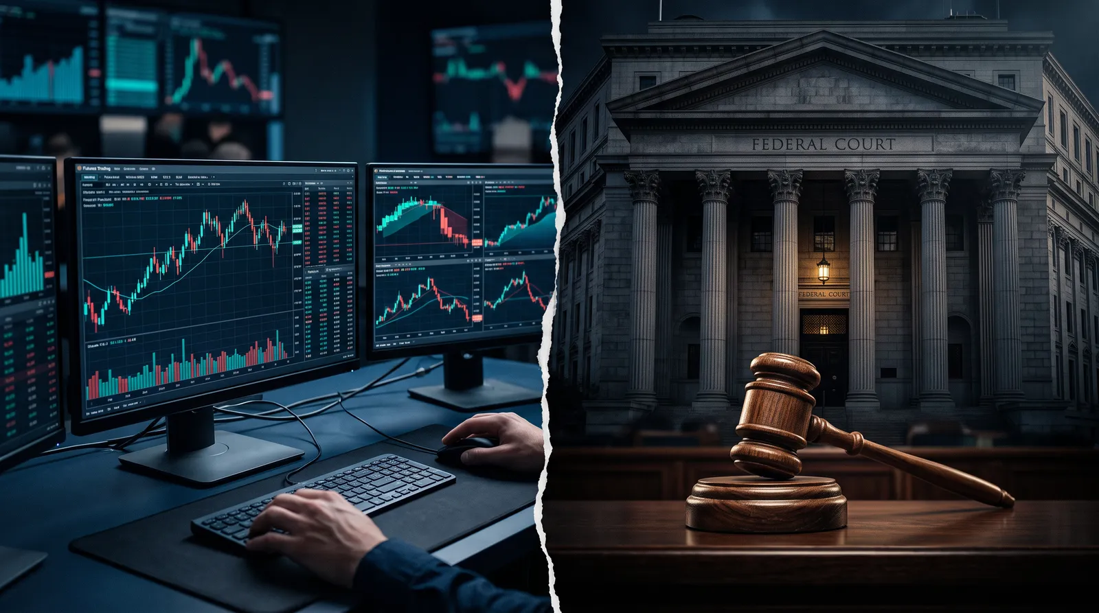 Split image of futures trading screens and a federal courthouse with gavel, symbolising the Alpha Futures lawsuit against NinjaTrader