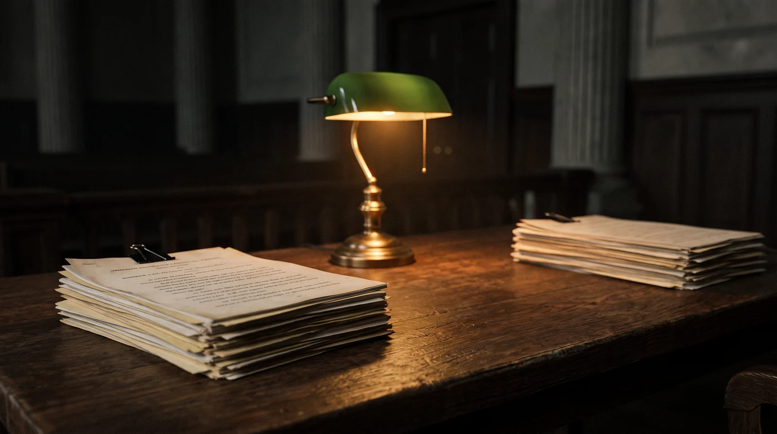 Two opposing stacks of legal filings on a courtroom table under a banker’s lamp, representing NinjaTrader’s opposition brief against Alpha Futures