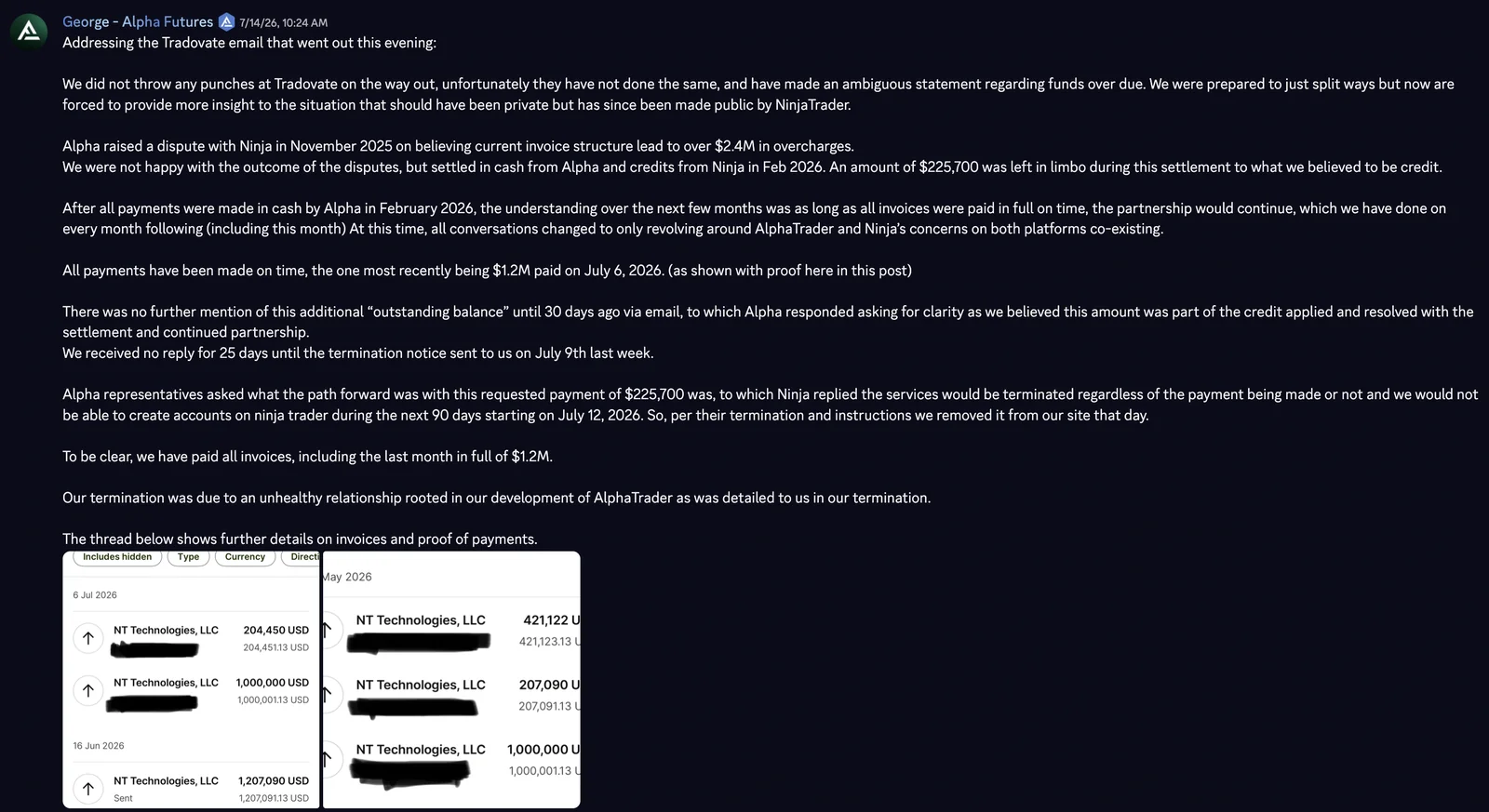 Alpha Futures statement responding to NinjaTrader's outstanding balance claim