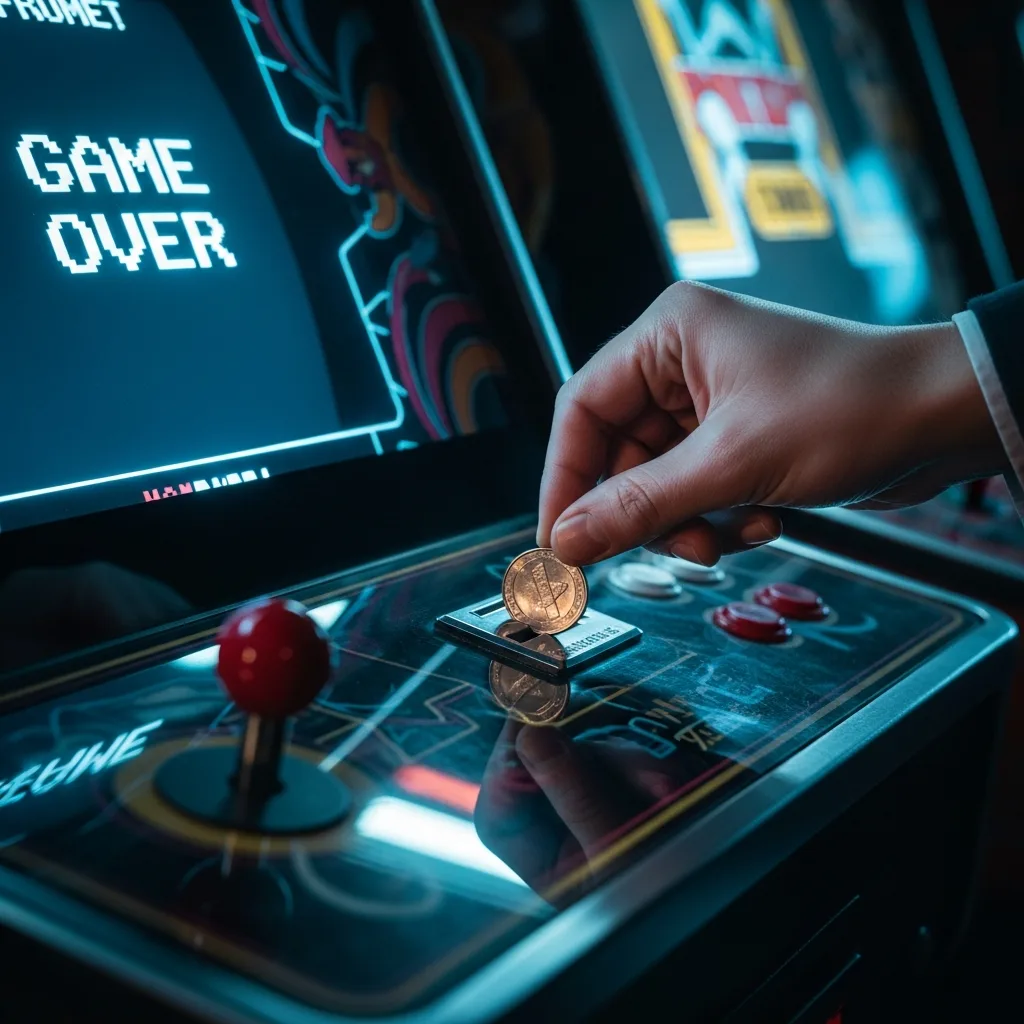 Arcade game screen displaying 'GAME OVER' and 'INSERT COIN TO CONTINUE', symbolizing the costs associated with reset fees and re-trials in prop trading evaluations.