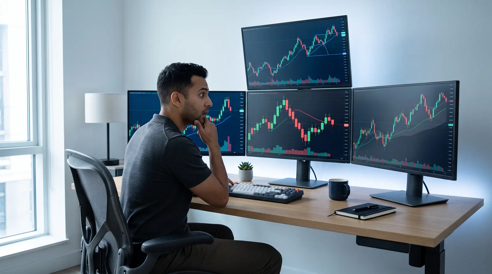 Modern office desk with trading charts for the best prop trading firms for forex.