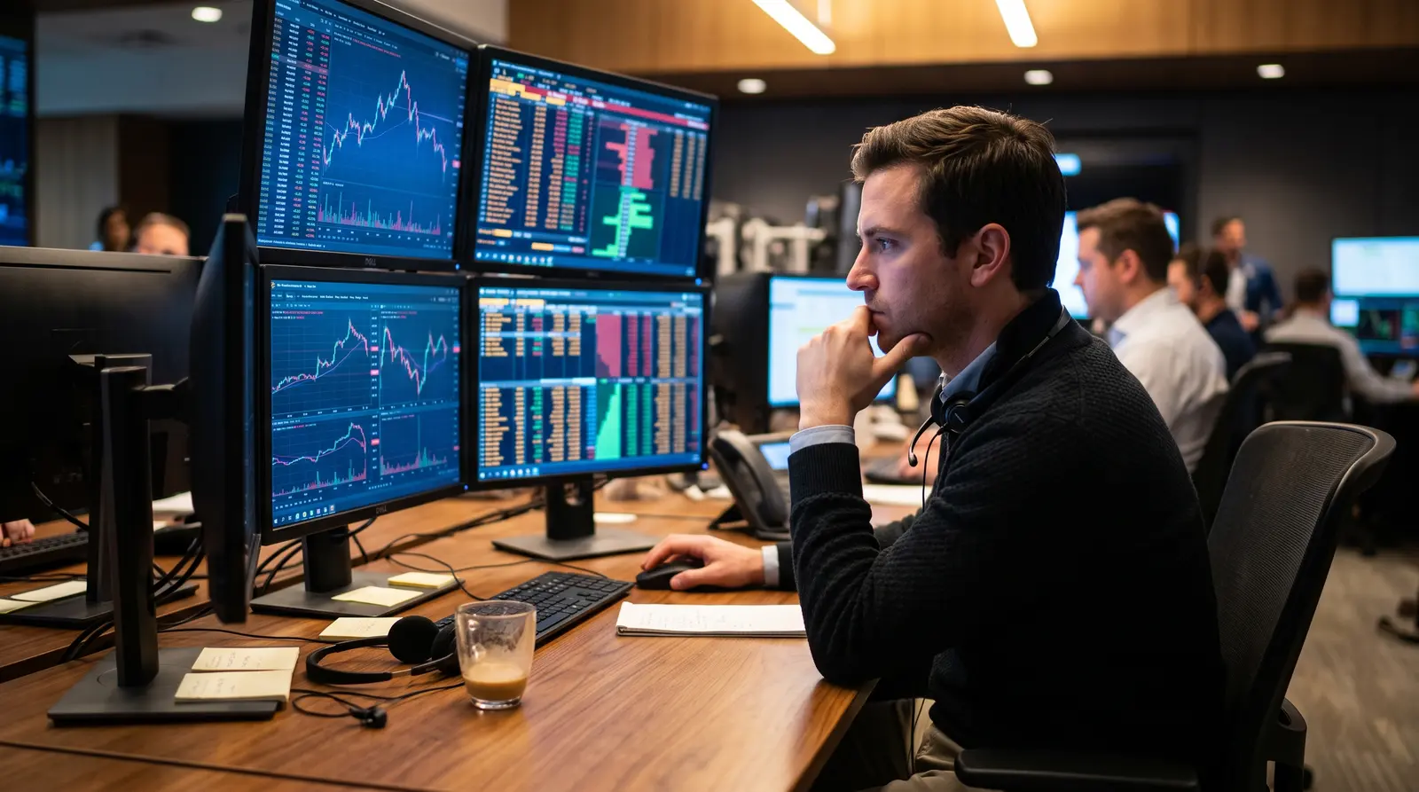 A professional futures trader analyzing real-time market data in a funded trading program environment.