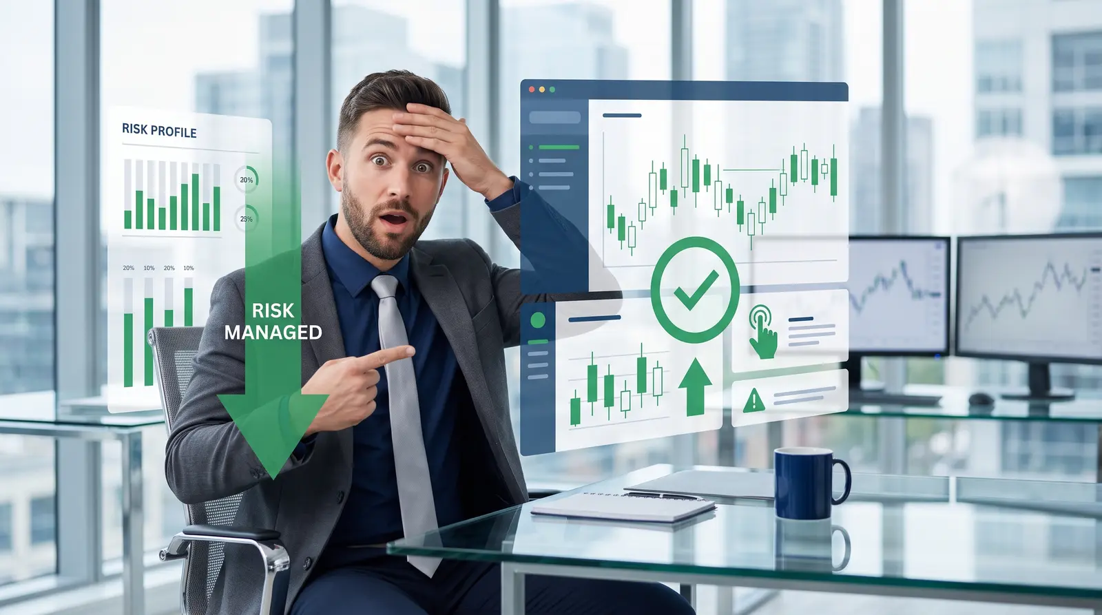 An abstract visual representation of risk parameters and Blue Guardian evaluation rules for professional traders.