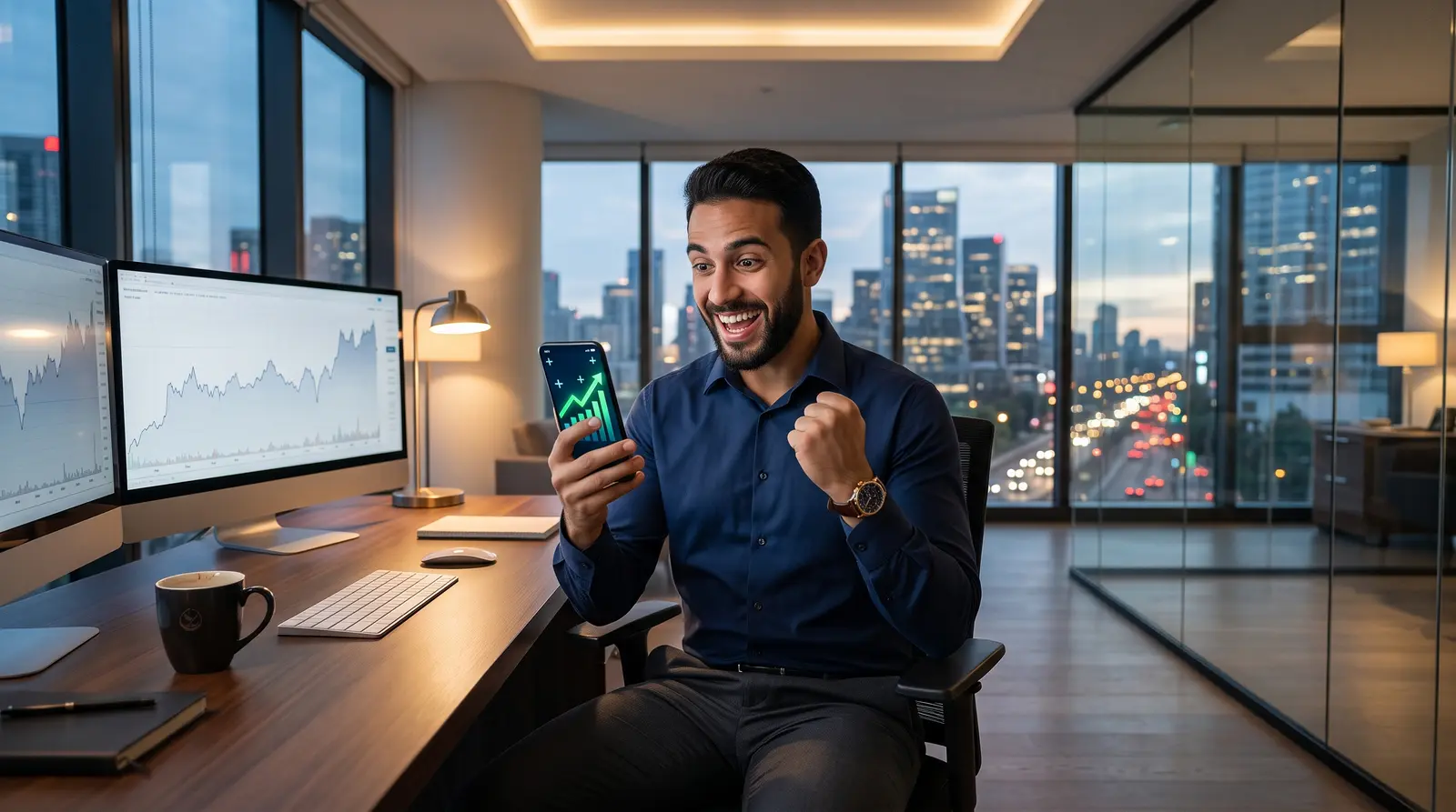 A trader checking rapid profits on a smartphone using Blue Guardian Direct funding.