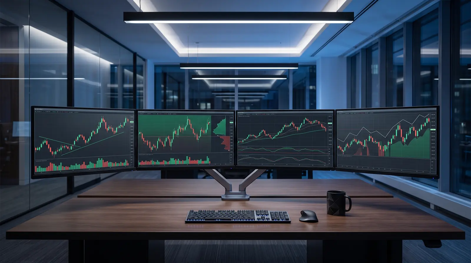 Four computer monitors showing financial charts, representing Blue Guardian Futures models explained.