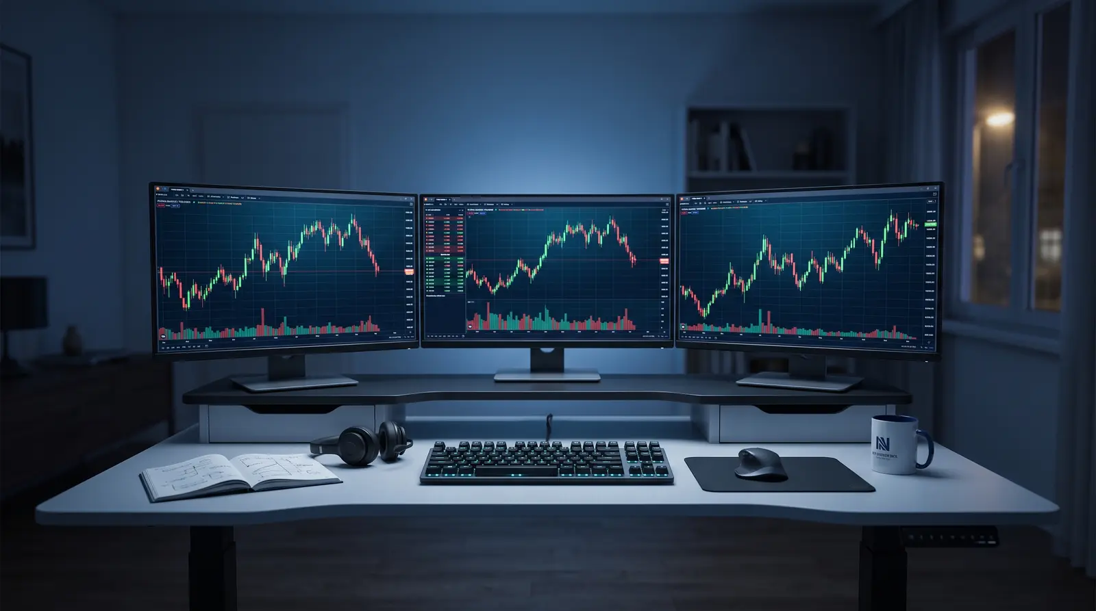 Modern trading terminal showing financial charts for the Blueberry Funded discount code checkout process.