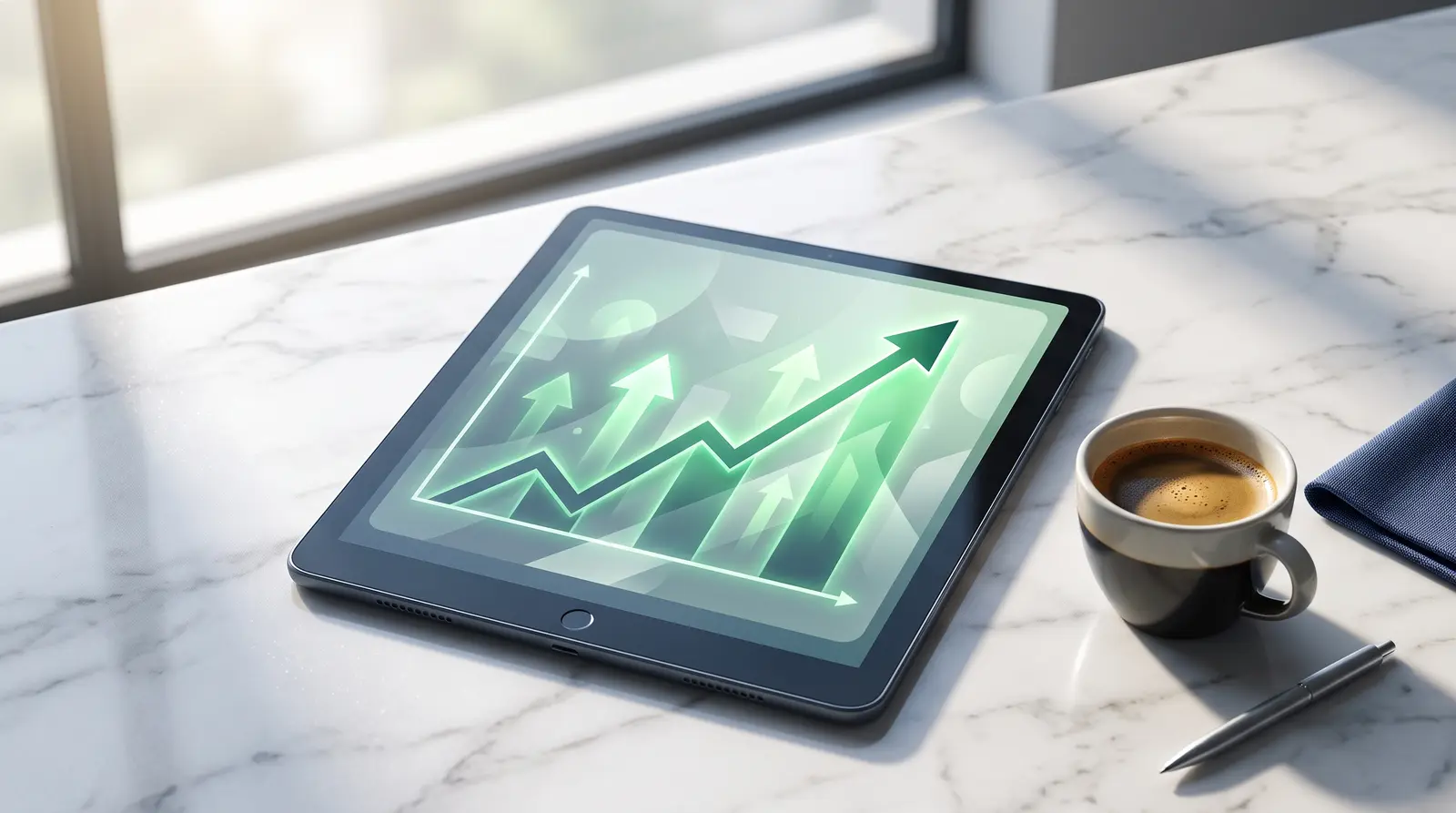 A digital tablet displaying a rising growth chart representing successful prop firm evaluation challenge progress.