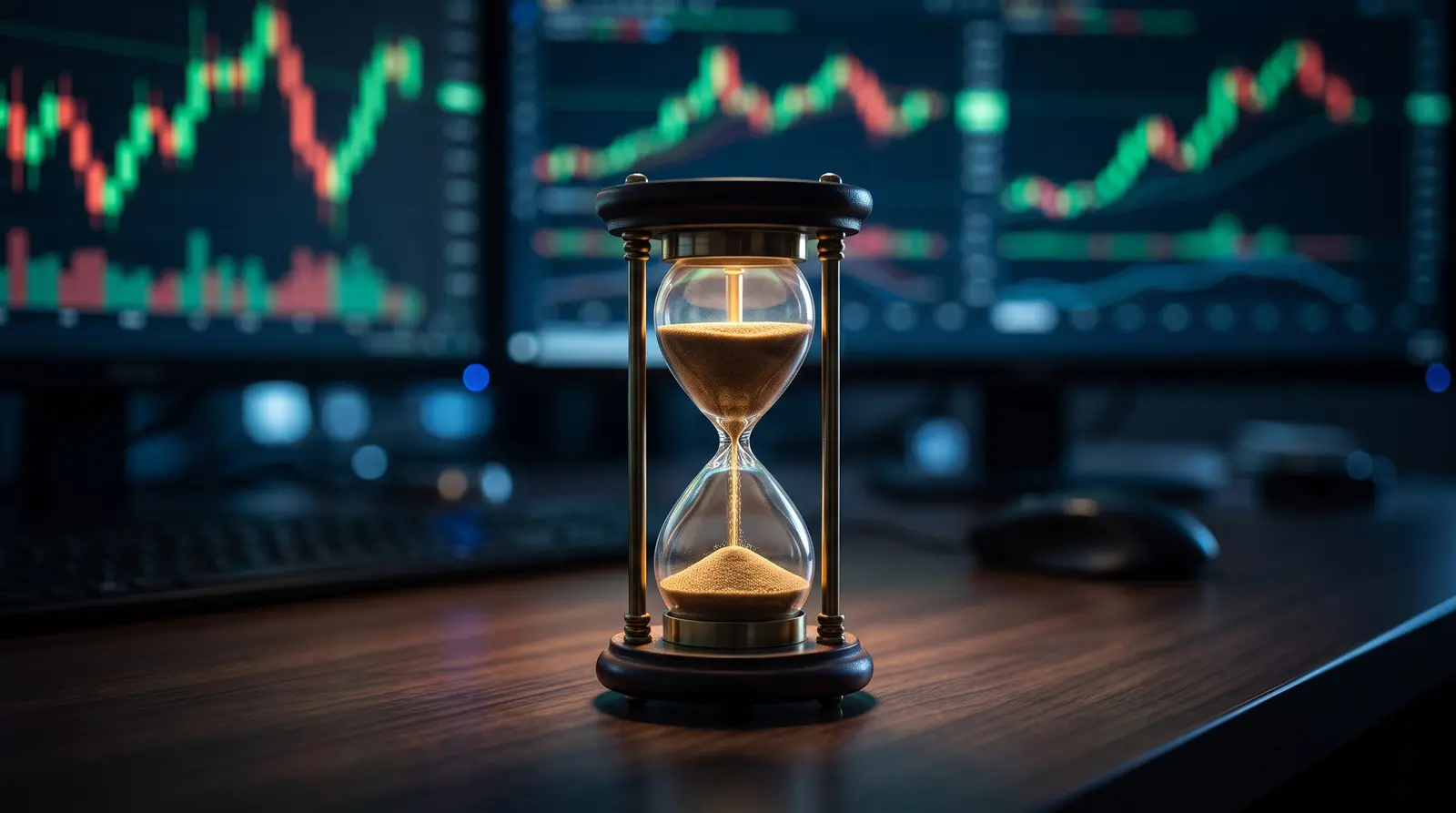 An hourglass on a desk representing the pressure of monthly prop firm subscription fees.