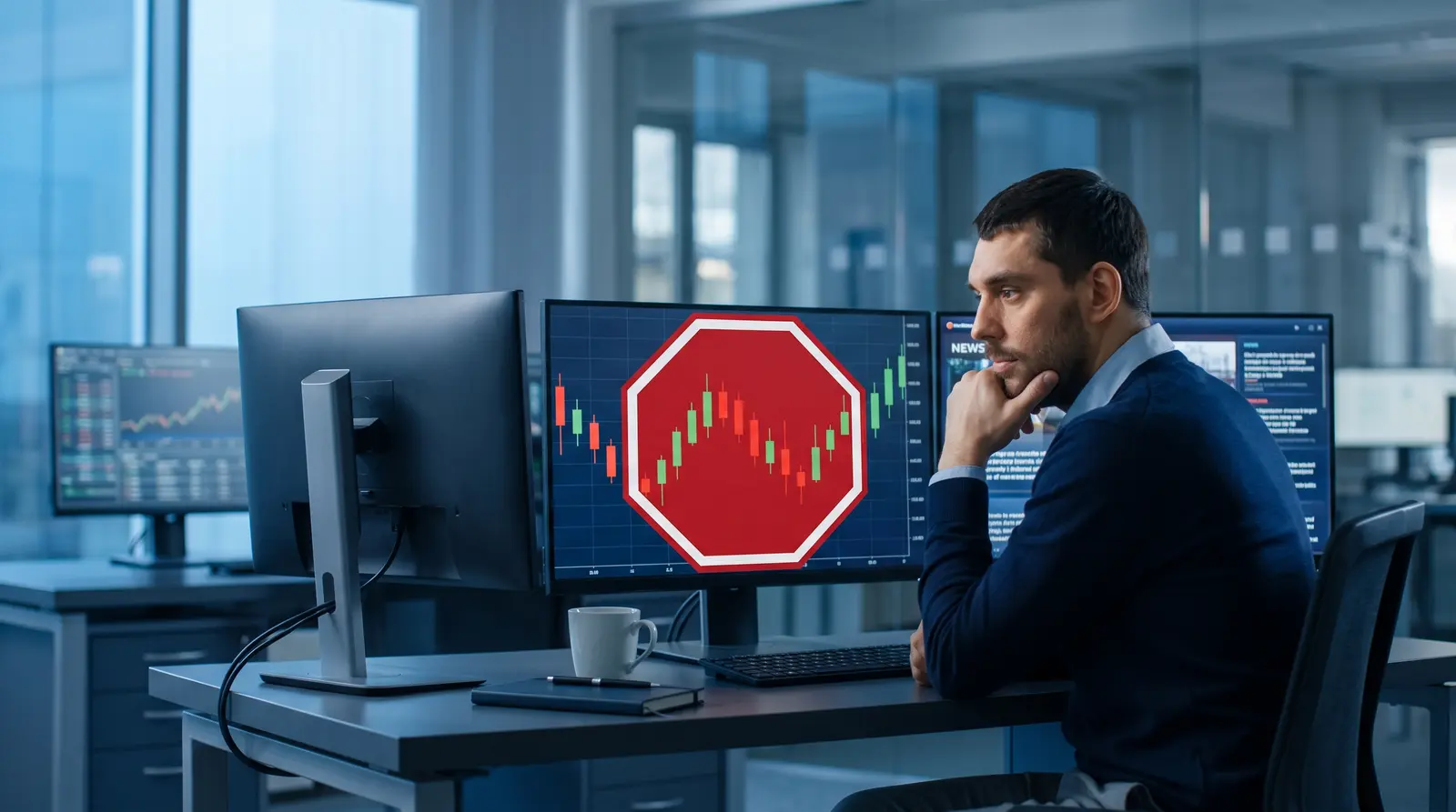 A trader looking at a computer screen while considering the risks of drawdown traps.