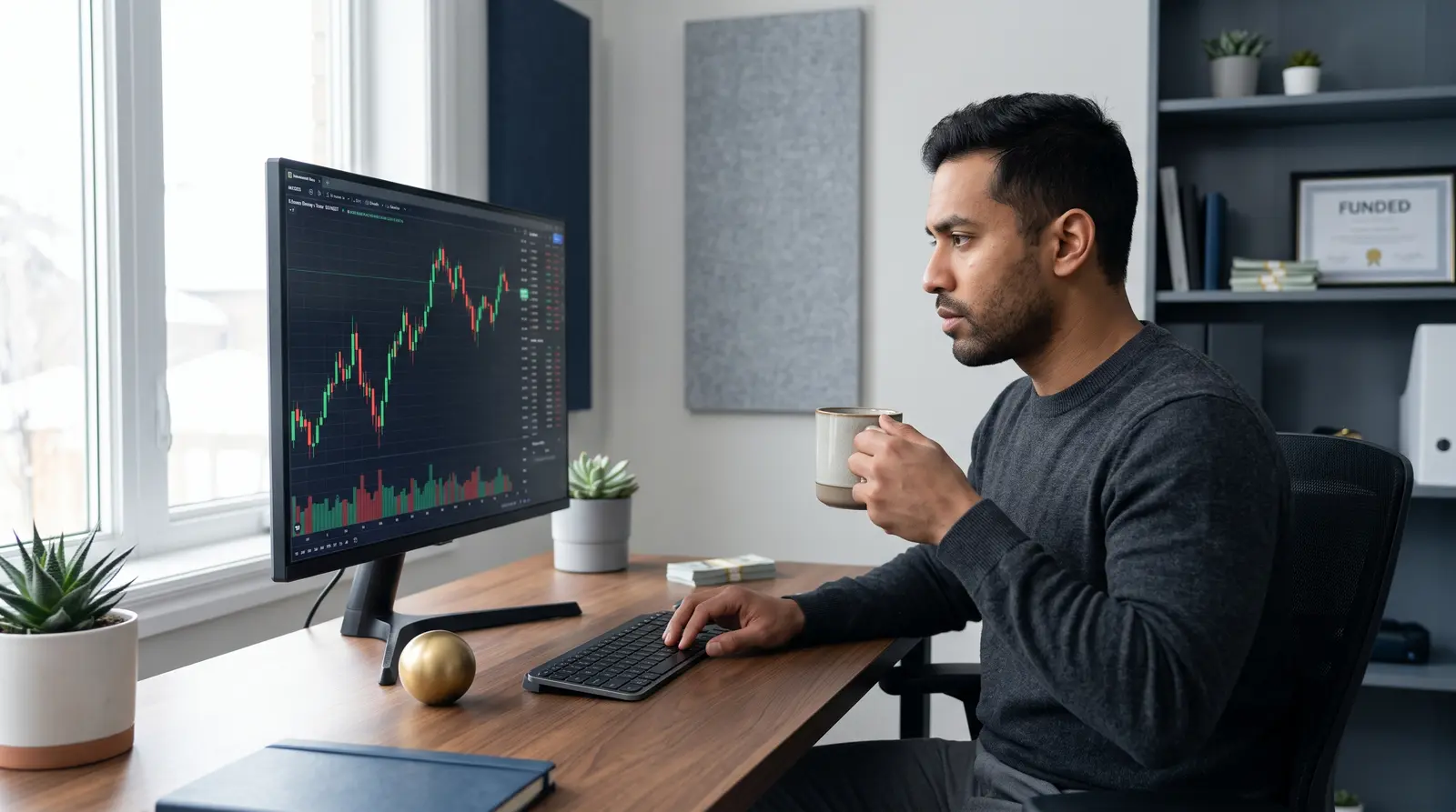 A professional home office setup for the cheapest lucid trading account evaluation process.