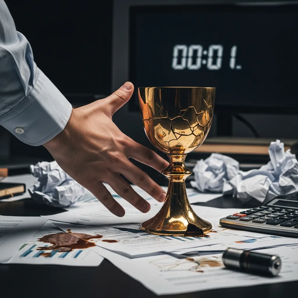 A cracked golden chalice on a precarious ledge, symbolizing the fragile and unregulated nature of instant funding payouts and capital.