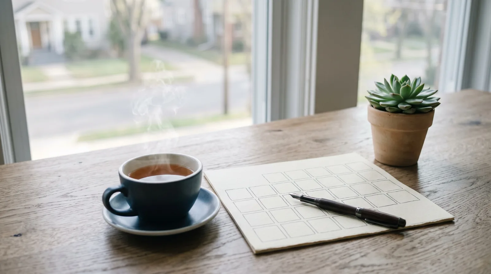Blank desk calendar with a pen and a cup of tea, illustrating crypto prop firms that pay out every day