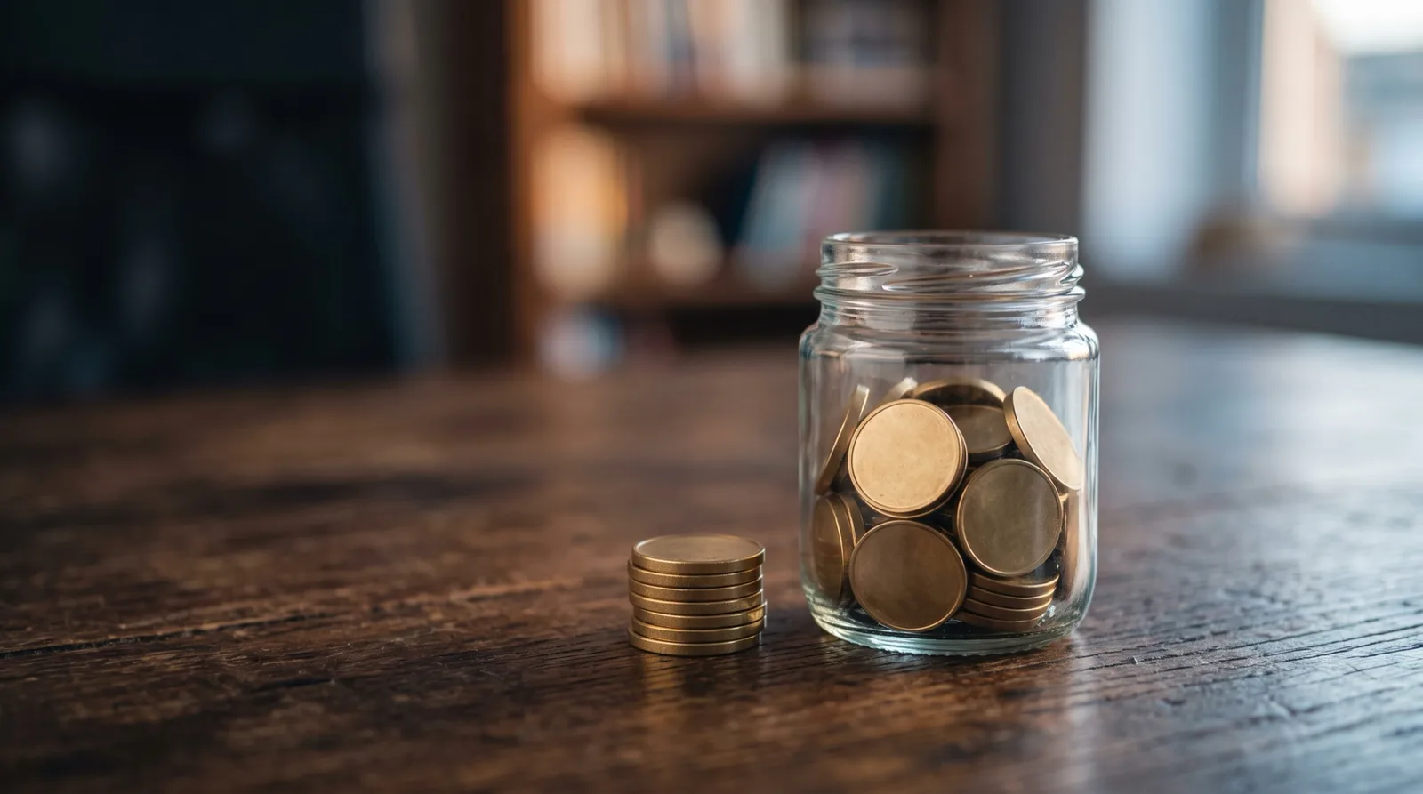 Glass jar of coins beside a small stack, illustrating payout minimums and profit buffers left in the account