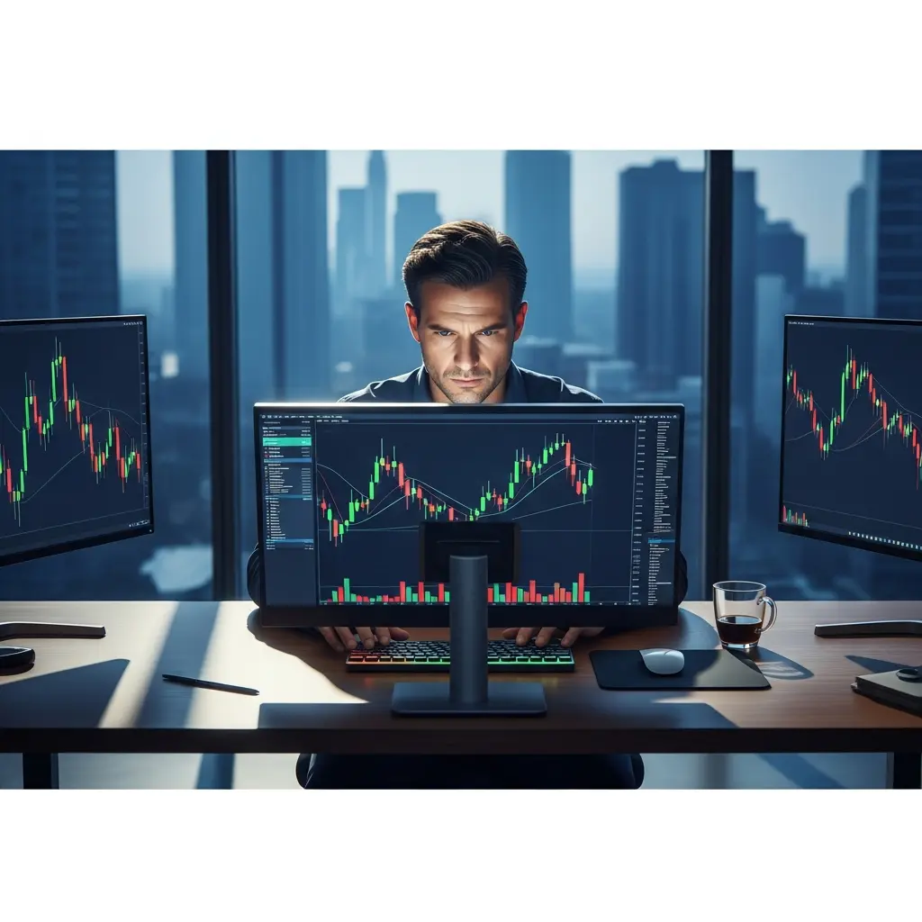 Determined trader analyzing charts, strategizing for Take Profit Trader savings.