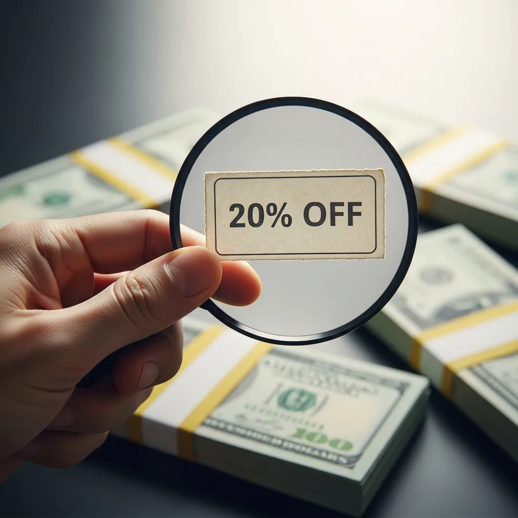 A hand holding a discount coupon with 'Prop Firm Discount' text, symbolizing strategic savings and maximizing value in prop trading.