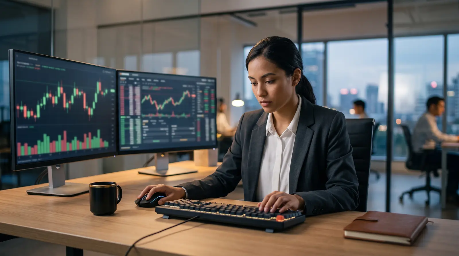 A professional trading desk displaying various e8 futures account types on high-tech monitors.