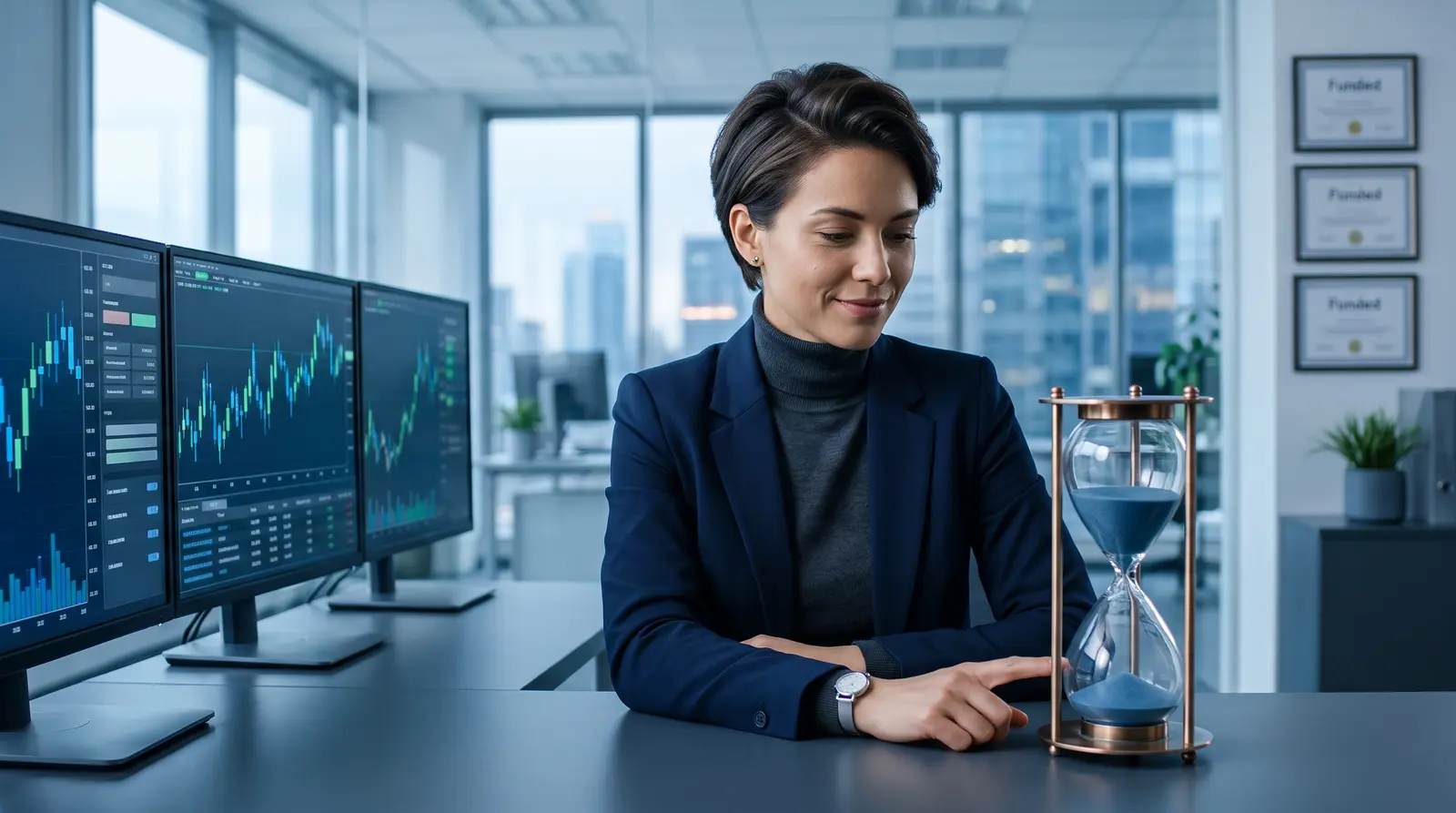 An hourglass on a trading desk representing consistency rules and payout buffer requirements.