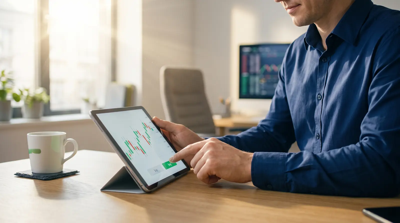 Close up of a trader using a tablet to navigate futures drawdown and evaluation rules.