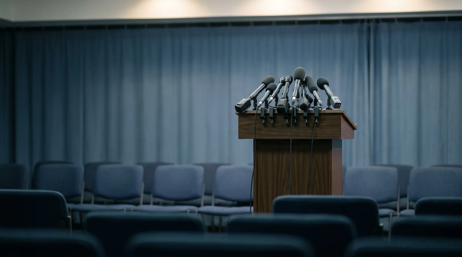 Empty press briefing podium with microphones, illustrating E8 One's high-impact news trading window