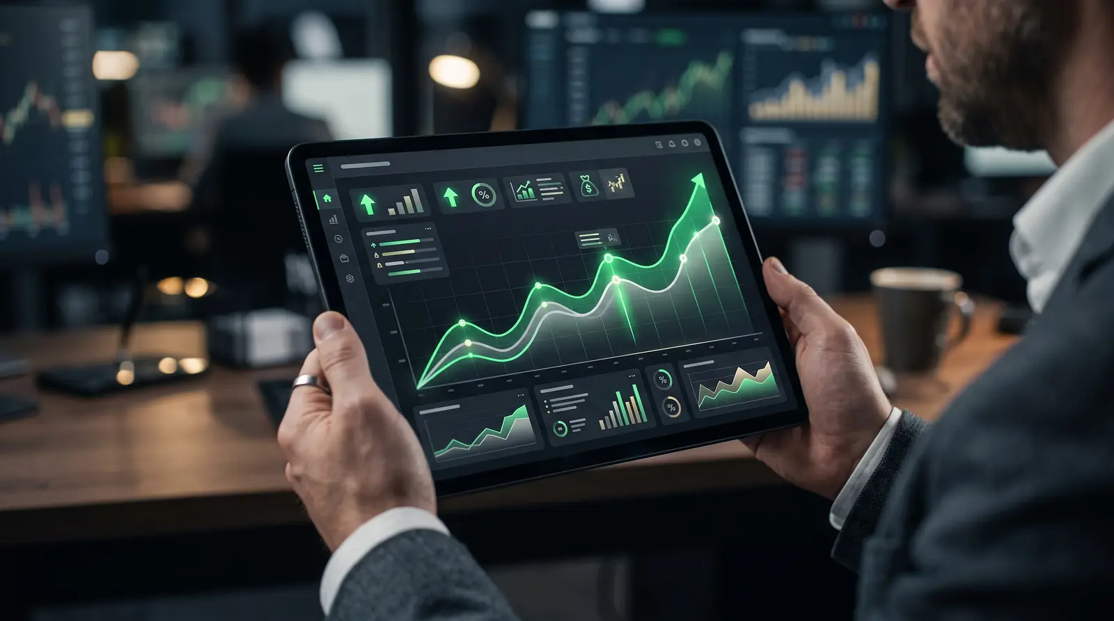 Close up of a professional digital dashboard tracking trade performance and risk management.