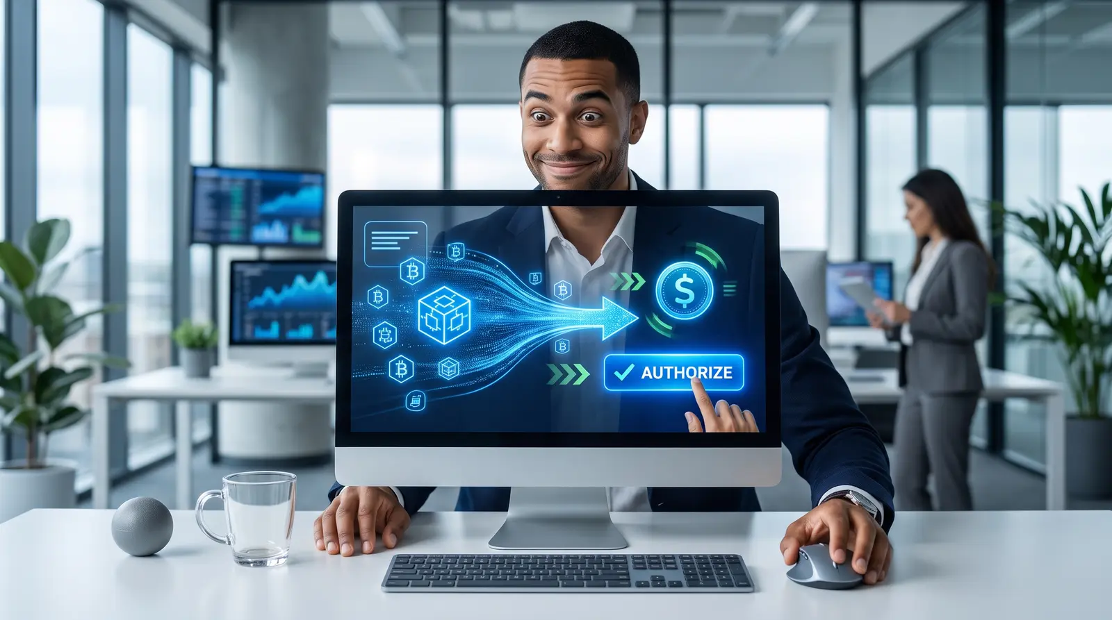 A smooth digital payout process represented by abstract financial data on a monitor.