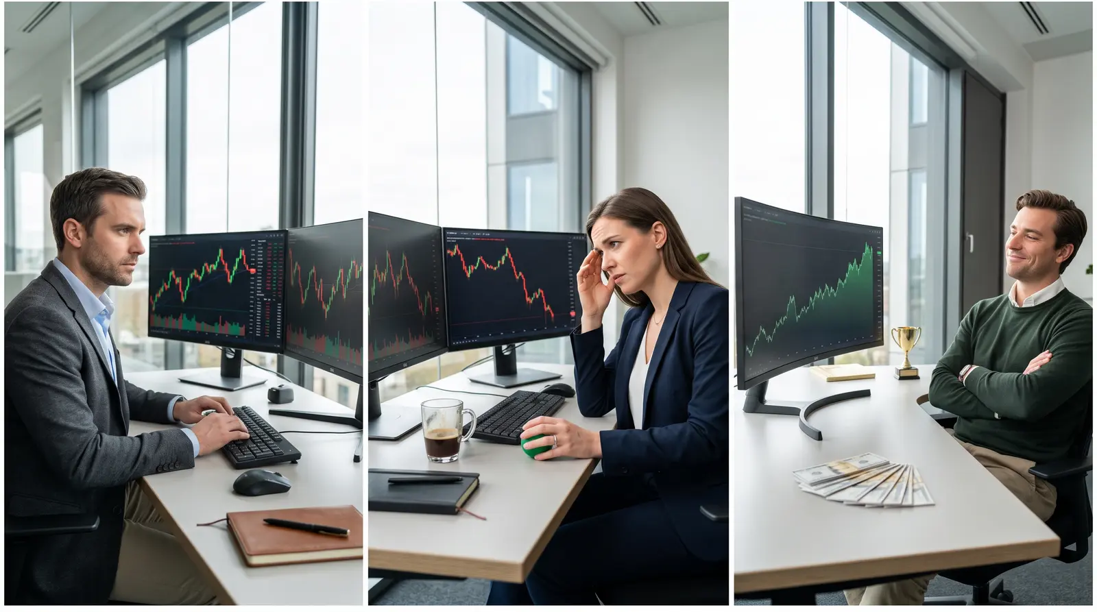Three distinct professional workstations showing a comparison between different prop trading account models.