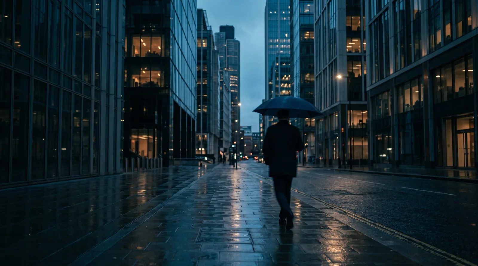 Financial district at night after rain, illustrating 24/7 perpetual futures trading on E8 Terminal