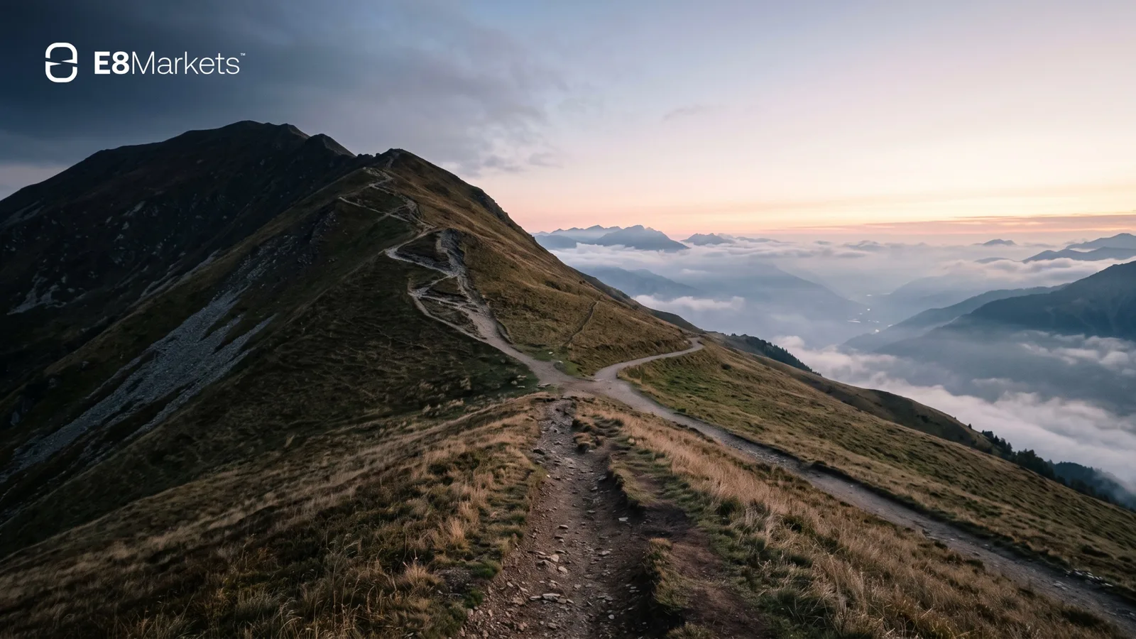 Mountain trail splitting into two paths at dawn with the E8 Markets logo, cover image for the E8 Perpetuals account types guide