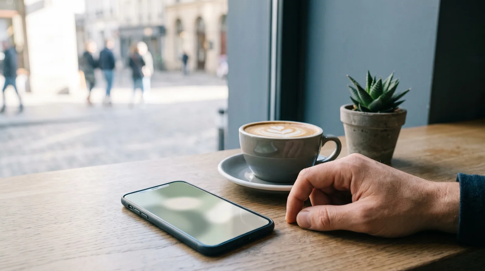 Phone on a cafe table beside a coffee, illustrating requesting a payout from an E8 Perpetuals account