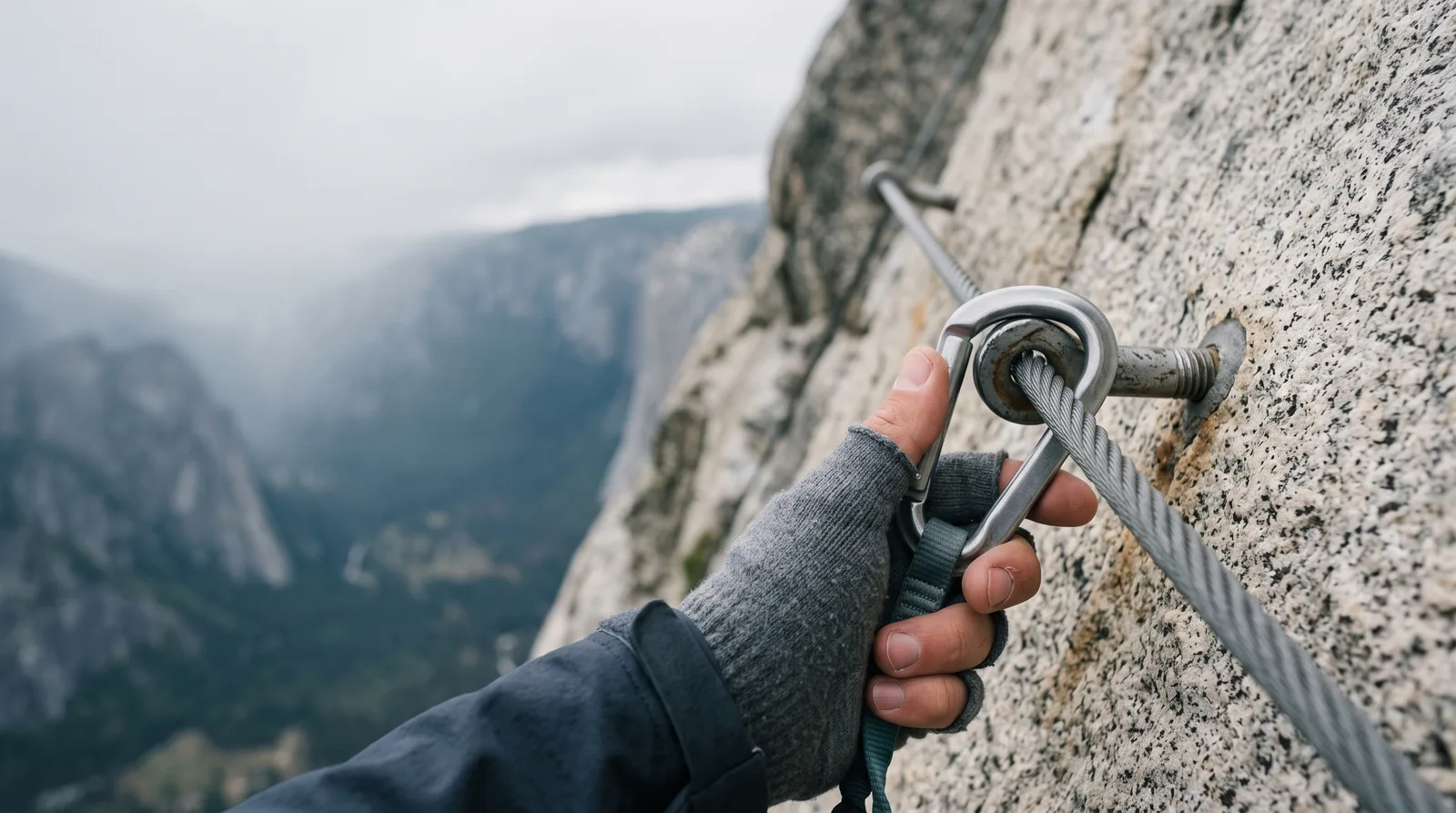 Gloved hand clipping a carabiner onto a fixed steel cable at an anchor bolt on a granite rock face
