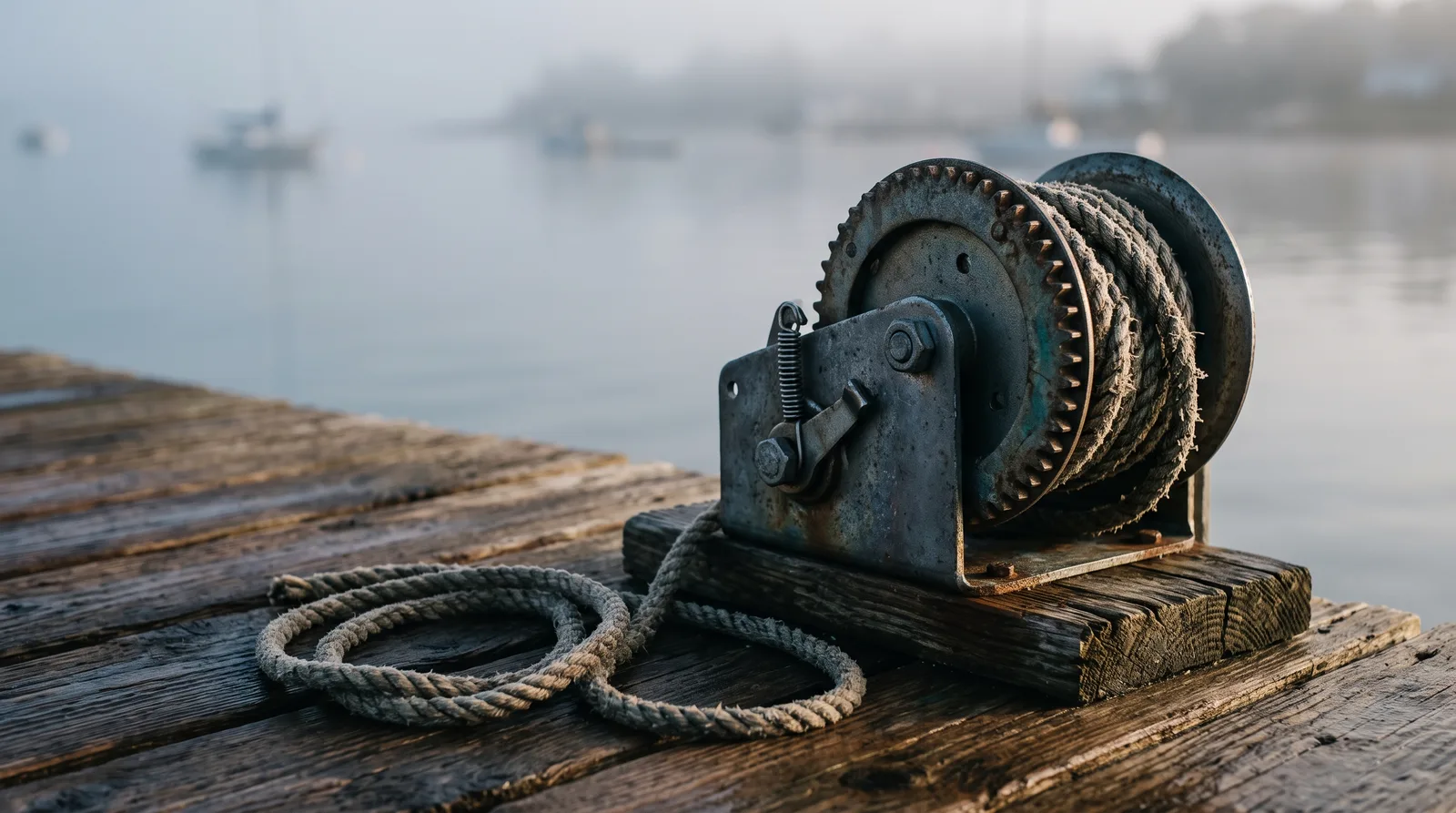 Weathered ratchet winch on a wooden pier with its pawl engaged so the drum turns only one way