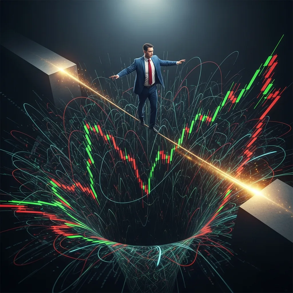 A person walking a tightrope between two city buildings, symbolizing the risks of fast-funded futures accounts.
