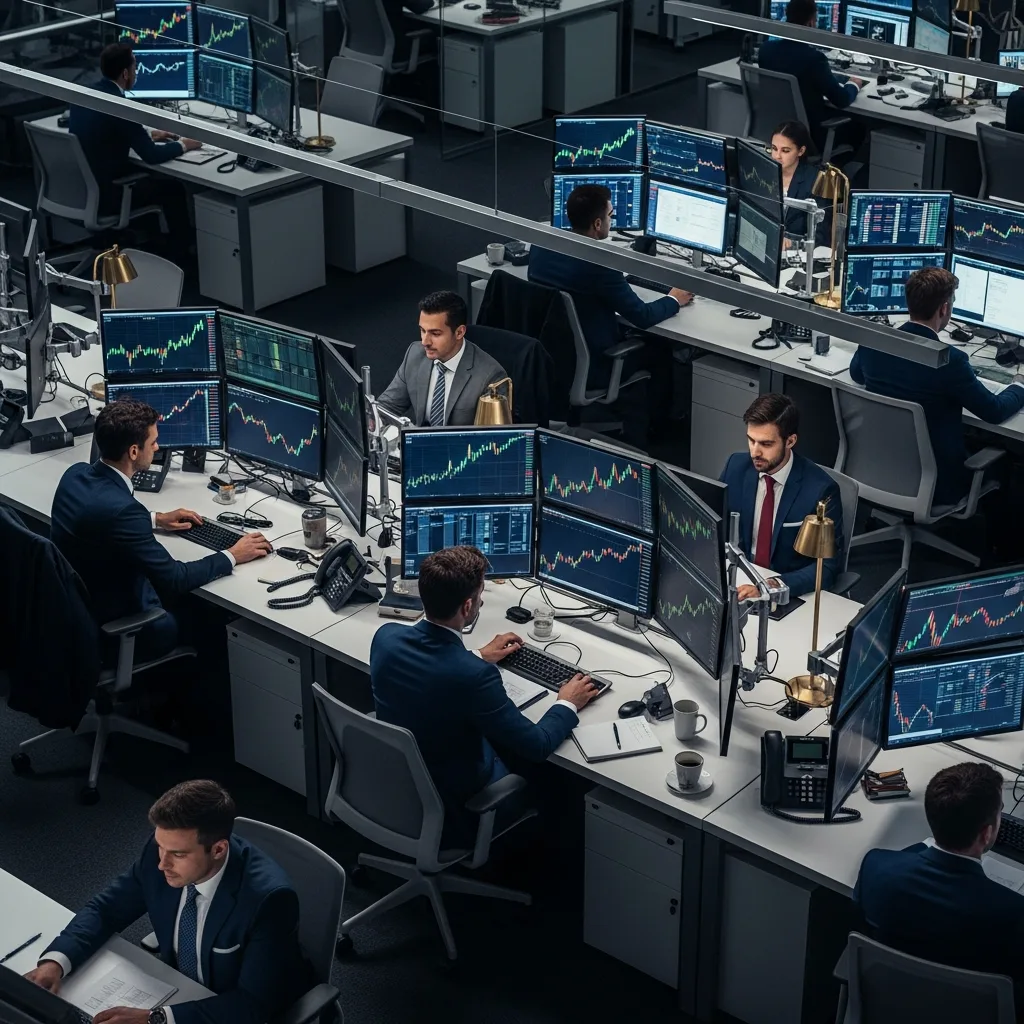 Busy forex trading floor with multiple screens and intense competition, symbolizing the complex world of proprietary trading.