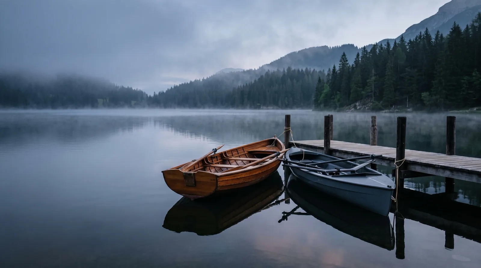 Two rowing boats, one classic and one modern, moored side by side on a misty lake: choosing an FTMO alternative