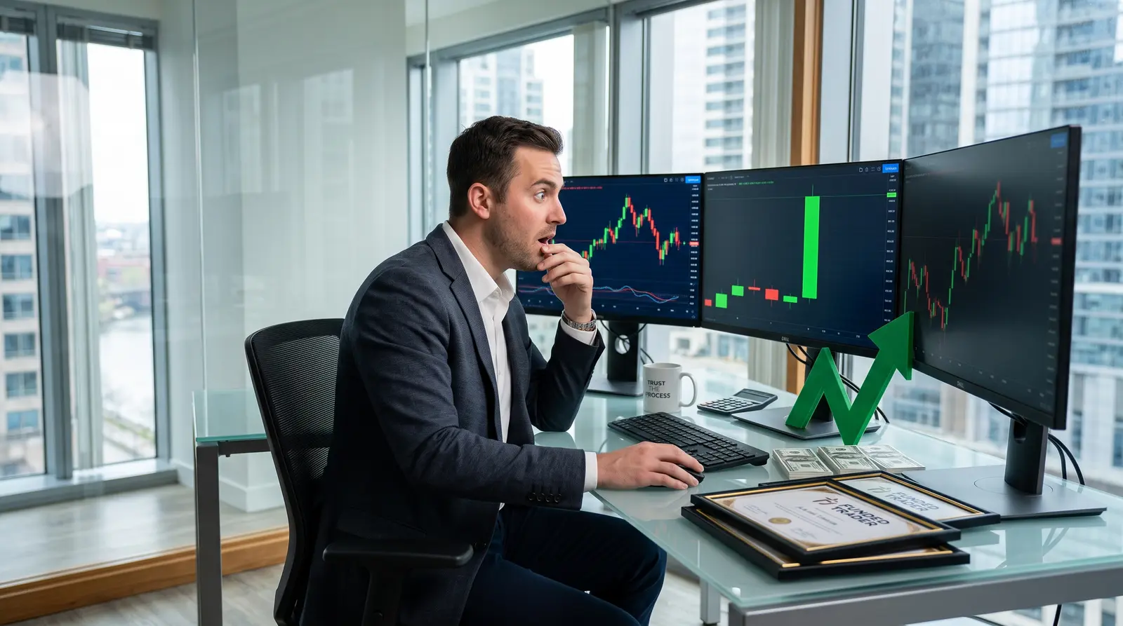 A professional desk setup showing a clean trading interface representing FTMO alternatives 2026 fundednext choices.
