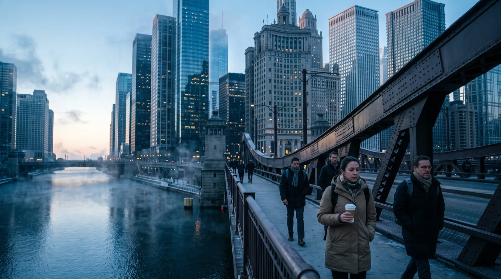 Commuters cross a river bridge into a financial district at dawn before the futures market opens