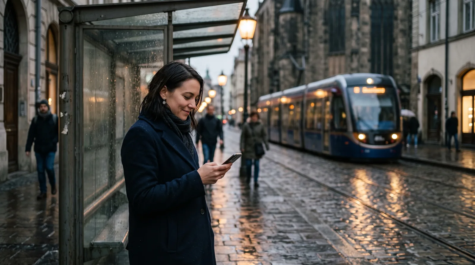 A funded trader checks a payout notification on her phone at a tram stop in the evening