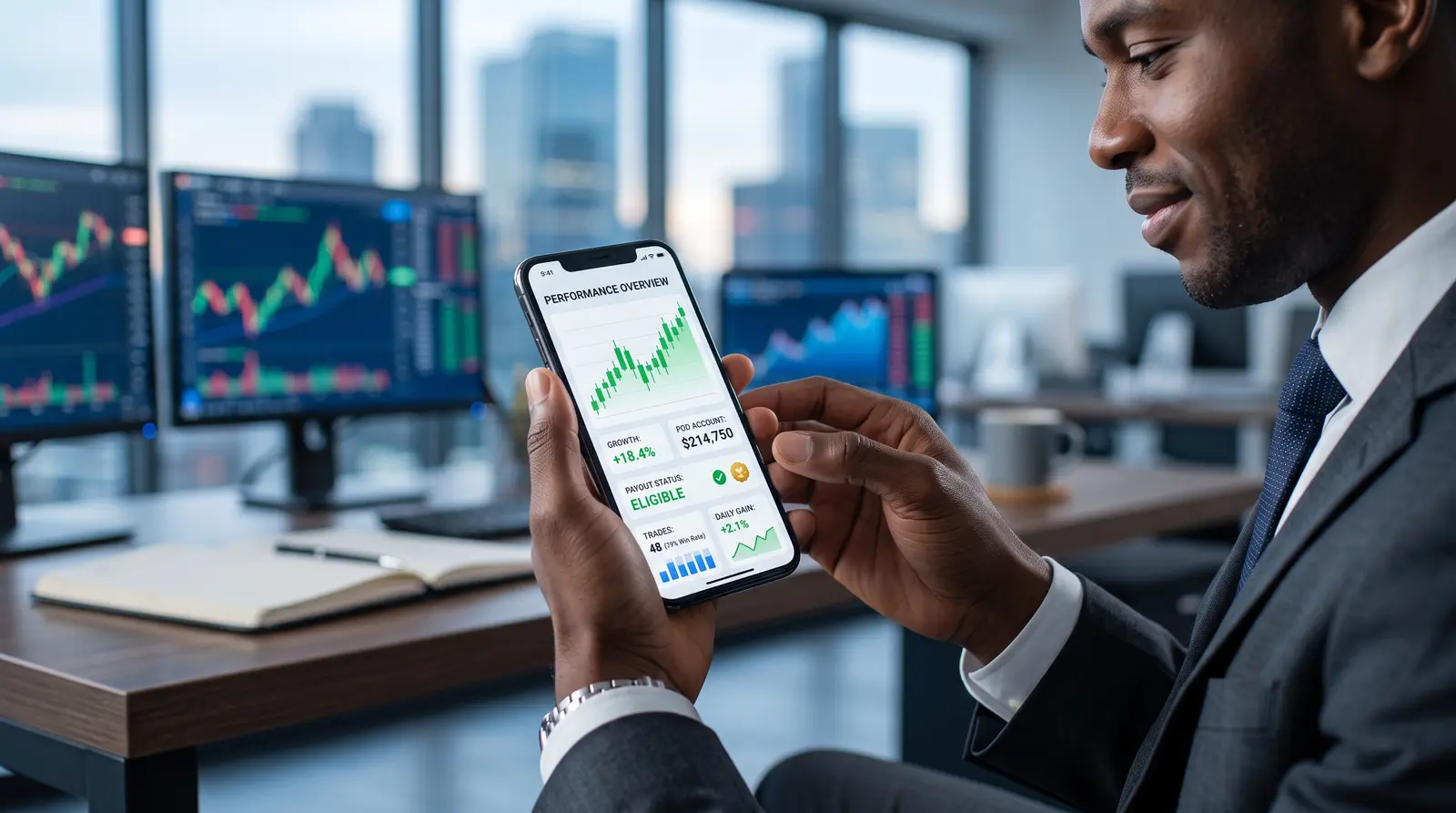 Close-up view of a trader reviewing growth and pro account progress on a mobile device.