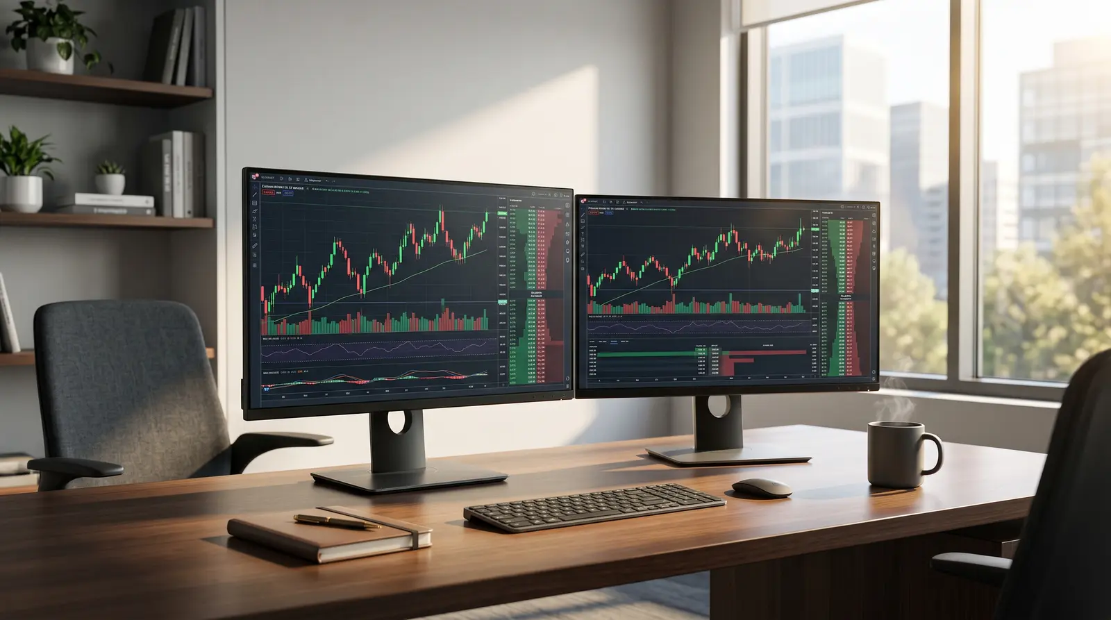 A professional trading desk setup showing futures market data as FTMO goes into futures trading.