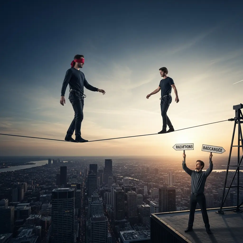An artist rendering of an ethical tightrope representation