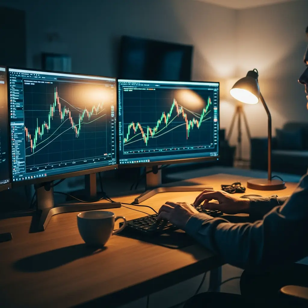 A trading desk at night with charts glowing on screens