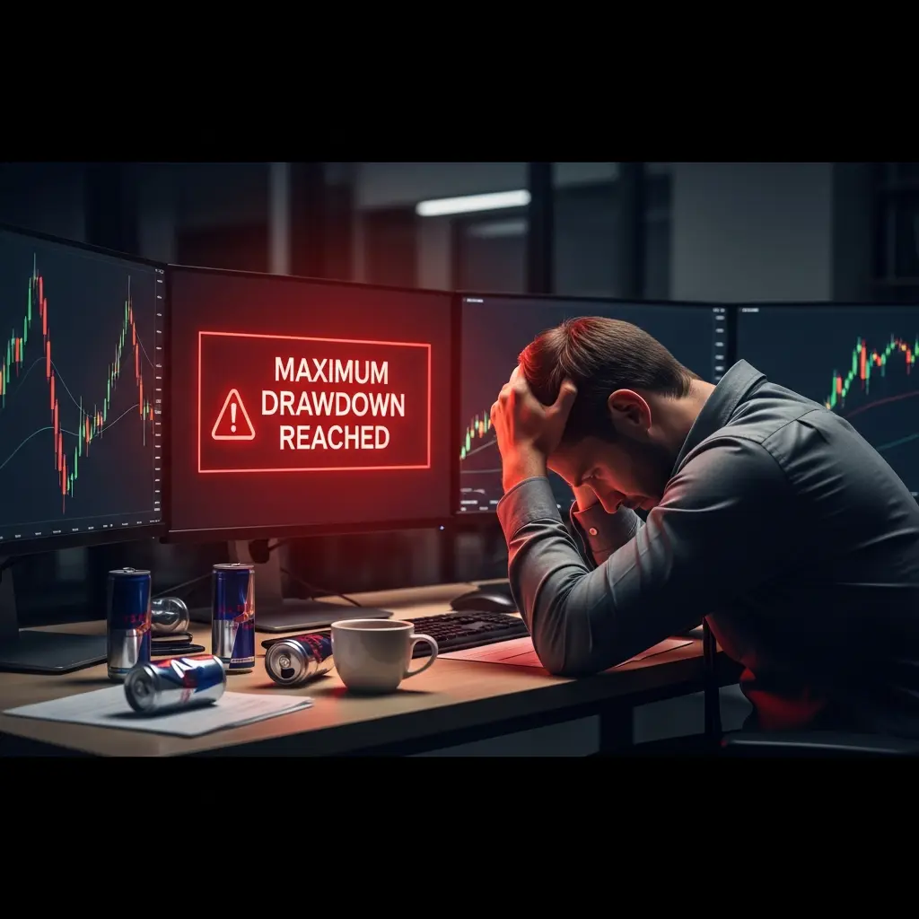 A defeated trader sits at a desk under the harsh red glow of a drawdown warning.