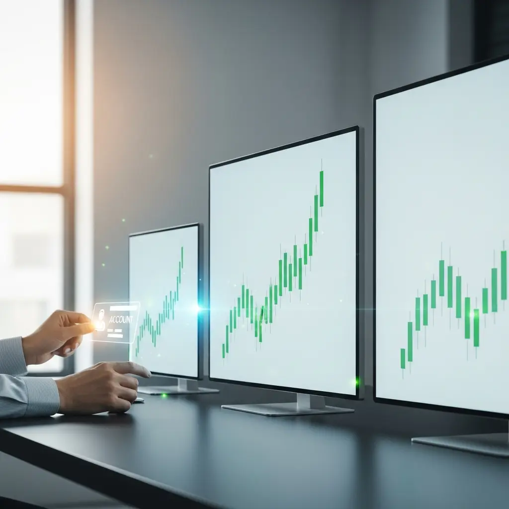 Hands strategically move a digital account card across larger screens, symbolizing increasing trading capital.