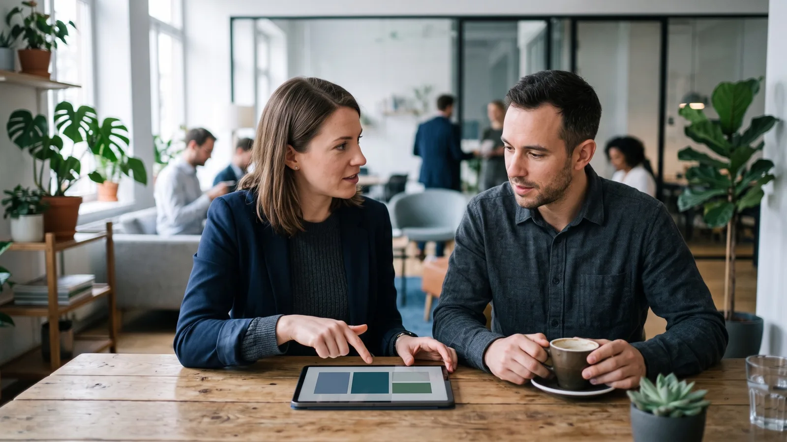 Two traders comparing FundedNext account options on a tablet in a coworking space